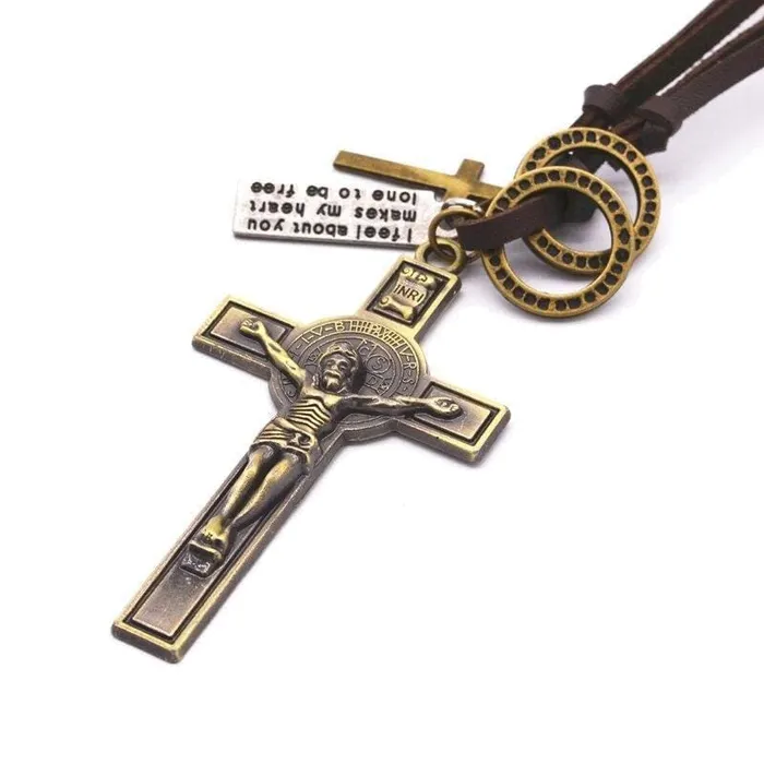 Mens Christian Necklace br Crucifix Leather Rope Lords Guidance Necklaces