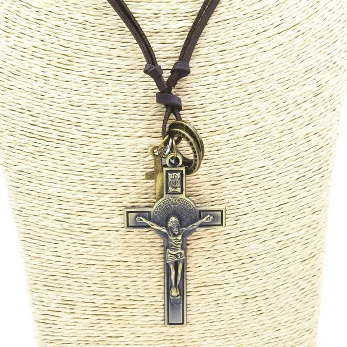 Mens Christian Necklace br Crucifix Leather Rope Lords Guidance Necklaces