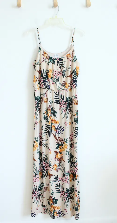 Naif Naif Tan Pink Orange Floral Maxi Dress L Rings