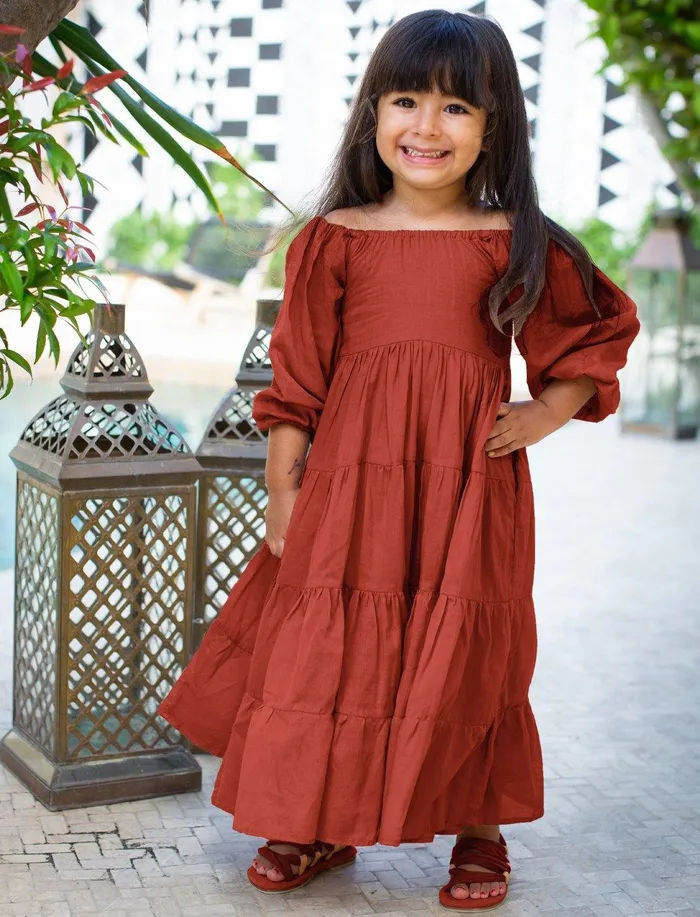 Necklaces Brielle Full Sleeve Tiered Little Girls Dress Erika Pea