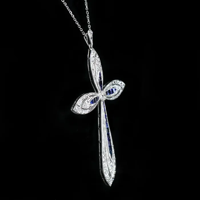 Necklaces Dover Jewelry Diamonds Estate 175 CTW Diamond and Sapphire Cross Pendant