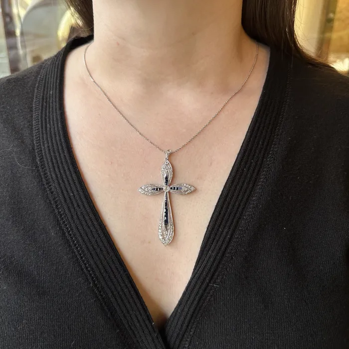 Necklaces Dover Jewelry Diamonds Estate 175 CTW Diamond and Sapphire Cross Pendant