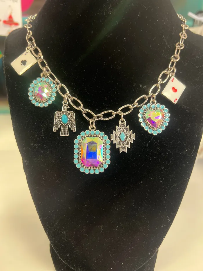 Necklaces YKT WESTERN AB RHINESTONE TURQUOISE STONE ACES THEMED NECKLACE