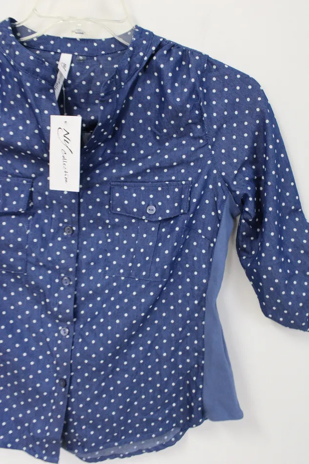 NY Collection Rings NEW NY Collection Blue Polka Dot Button Down Shirt M Petite