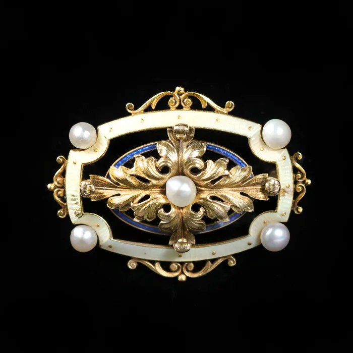OTC Art Nouveau 14k Yellow Gold Pearl and Enamel Brooch Earrings