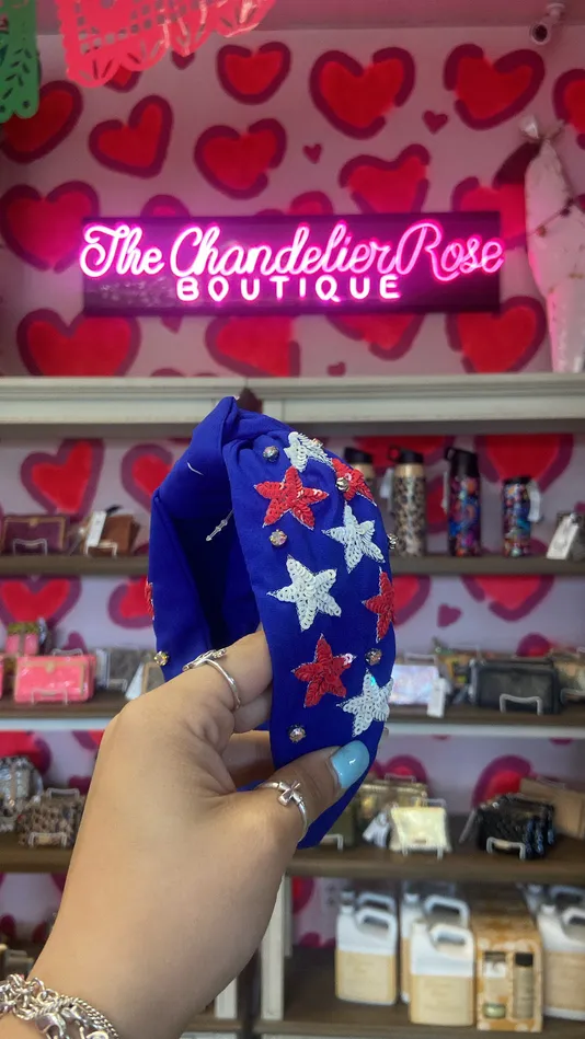 PATRIOTIC STAR BEADED TOP KNOT HEADBAND BLUE YKT Rings