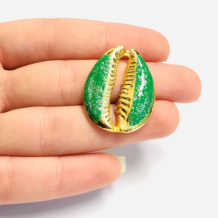 Peppy Beads Charm Necklaces 24Kt Gold Plated Brass Glitter Green Enamelled Cowrie Charm 30x24mm