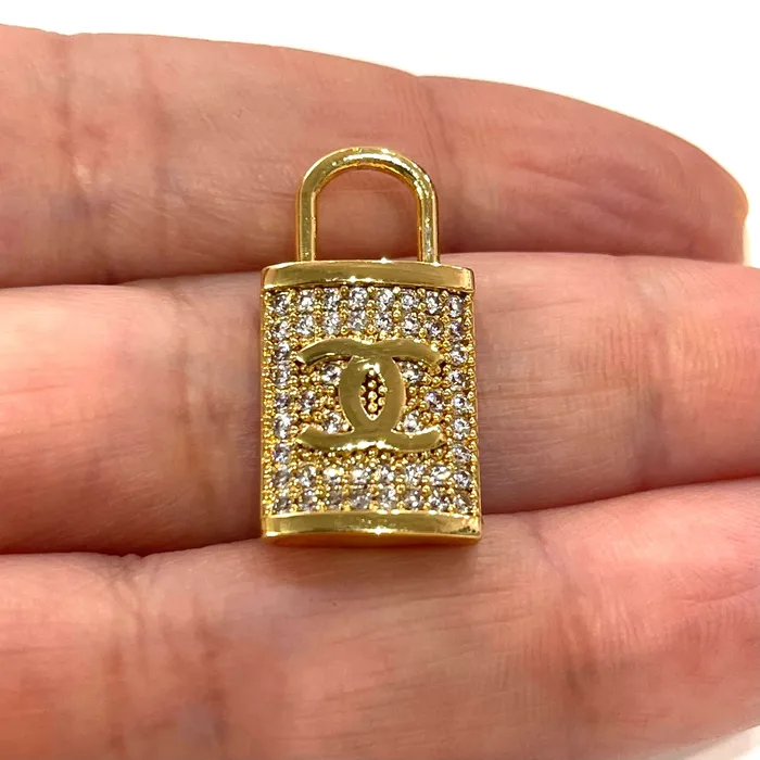 Peppy Beads Charm Necklaces 24Kt Gold Plated Swarovski Micro Pave Pad Lock Charm