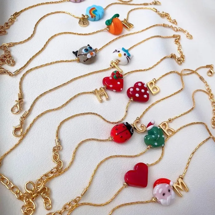 Peppy Beads Charm Necklaces Hand Made Murano Glass White Heart Charm
