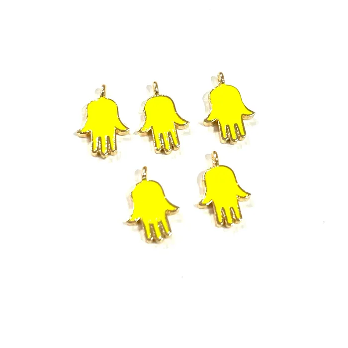Peppy Beads Earrings 24Kt Gold Plated Brass Neon Yellow Enamelled Hamsa Charms 5 pcs in a pack Peppy Beads Earrings 24Kt Gold Plated Brass Neon Yellow Enamelled Hamsa Charms 5 pcs in a pack