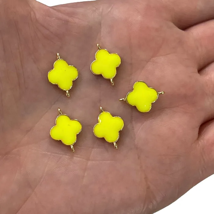 Peppy Beads Earrings 24Kt Gold Plated Neon Yellow Enamelled Clover Connector Double Loop Charms 5 pcs in a Pack Peppy Beads Earrings 24Kt Gold Plated Neon Yellow Enamelled Clover Connector Double Loop Charms 5 pcs in a Pack