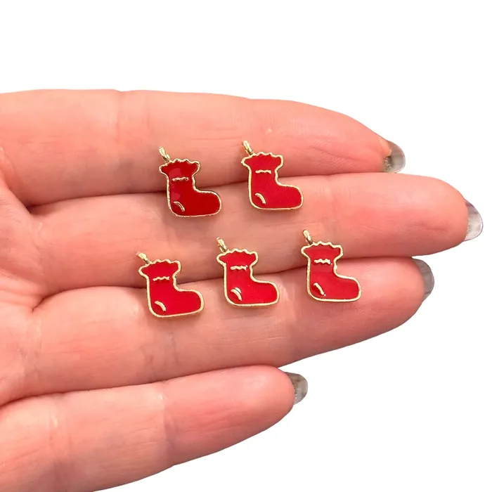 Peppy Beads Earrings Red Christmas Stockings Charms 24Kt Gold Plated Red Enamelled Xmas Stockings Charms 5 pcs in a pack Peppy Beads Earrings Red Christmas Stockings Charms 24Kt Gold Plated Red Enamelled Xmas Stockings Charms 5 pcs in a pack