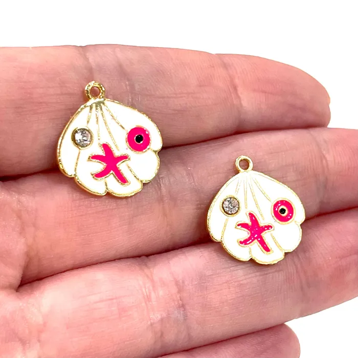 Peppy Beads Necklaces 24Kt Gold Plated Enamelled Oyster Charms with Clear Zirconia Starfish and Eye Peppy Beads Necklaces 24Kt Gold Plated Enamelled Oyster Charms with Clear Zirconia Starfish and Eye