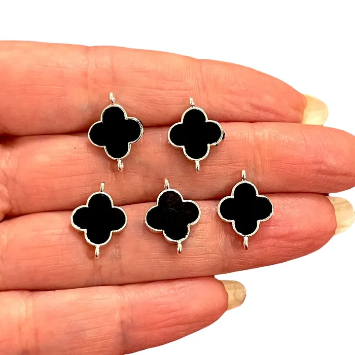 Peppy Beads Rings Silver Plated Black Enamelled Clover Connector Charms 5 pcs in a pack Peppy Beads Rings Silver Plated Black Enamelled Clover Connector Charms 5 pcs in a pack