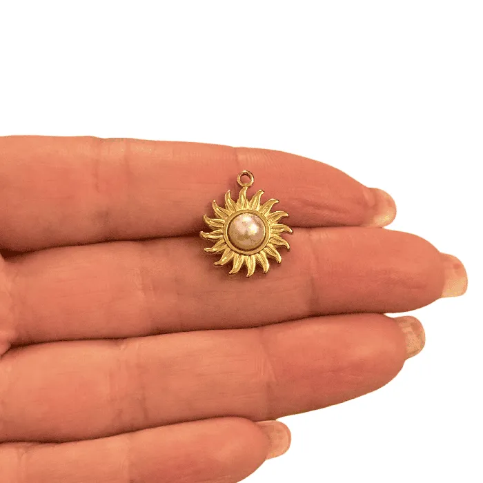 Peppy Beads Waterproof Stainless Steel Gold Sunburst Pearl Charm Earrings