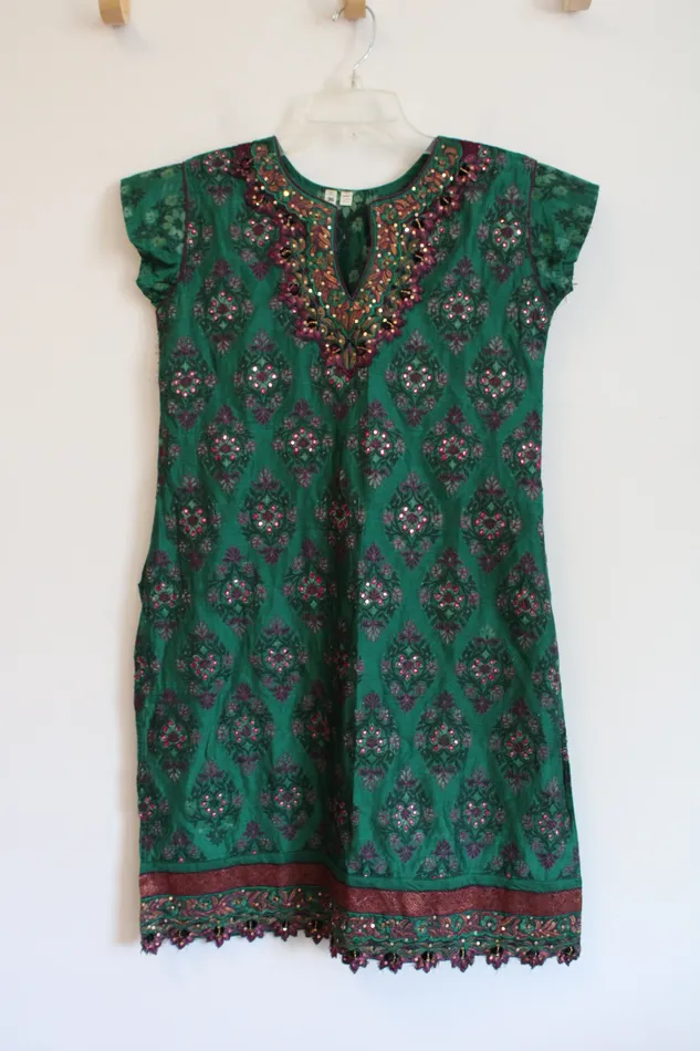 Pink Purple Sequin Patterned Green Tunic Top Jubilee Thrift Earrings