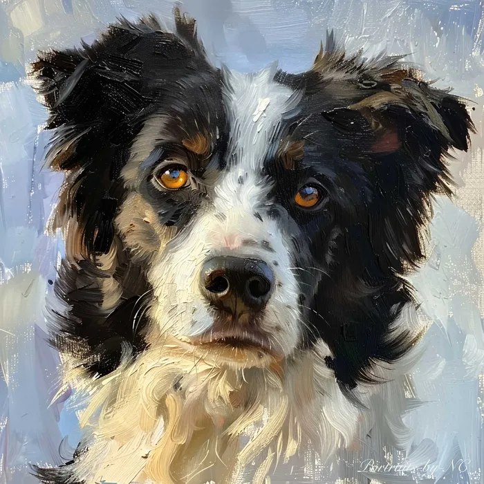 Portraits by NC Earrings Border Collie Dog Portrait in Beige and Blue