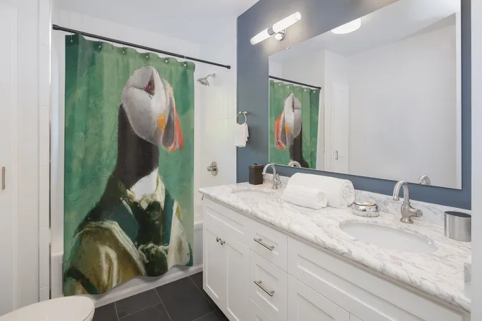 Portraits by NC Puffin Ahoi Shower Curtains Earrings