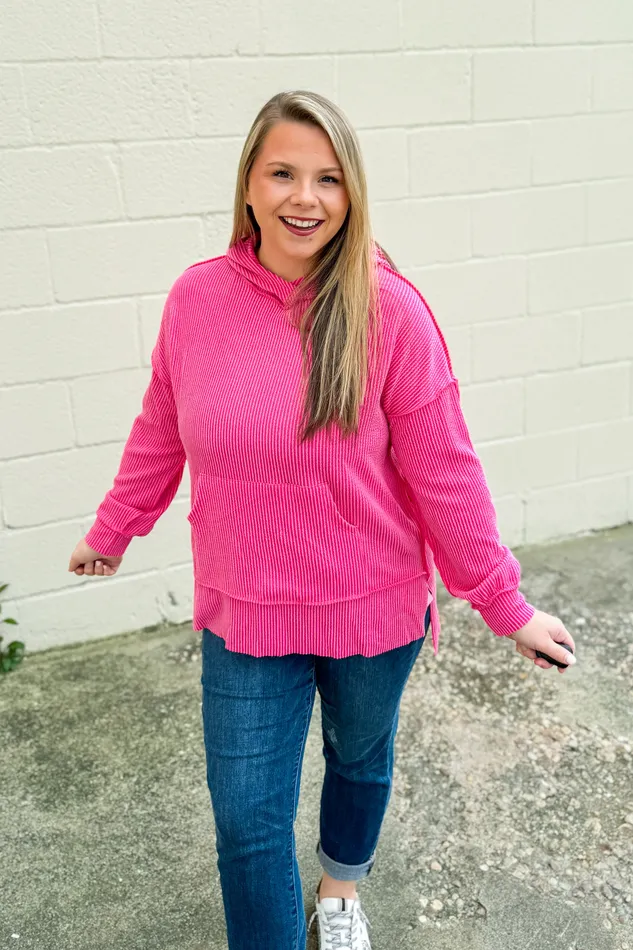 RESTOCK Headed Home Ribbed Hoodie Top Fuchsia Haptics Earrings