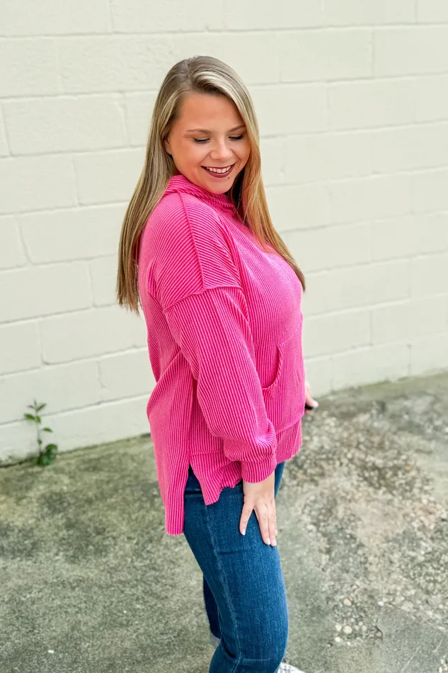 RESTOCK Headed Home Ribbed Hoodie Top Fuchsia Haptics Earrings