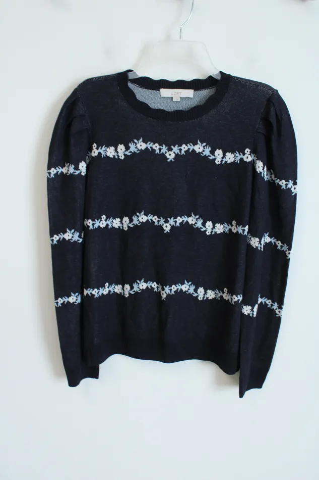 Rings Ann Taylor LOFT LOFT Navy Blue Floral Knit Sweater L