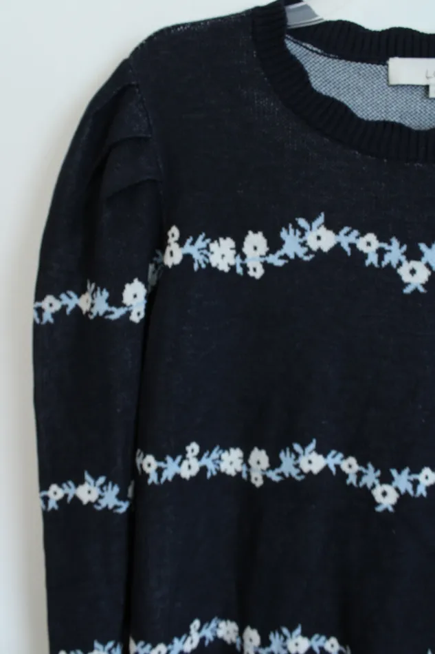 Rings Ann Taylor LOFT LOFT Navy Blue Floral Knit Sweater L