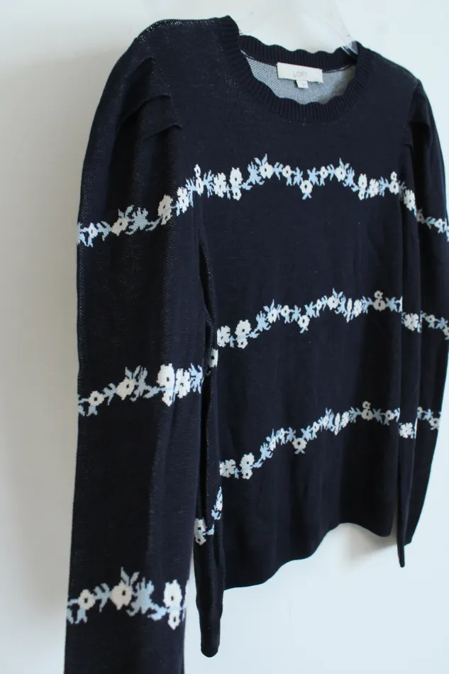 Rings Ann Taylor LOFT LOFT Navy Blue Floral Knit Sweater L