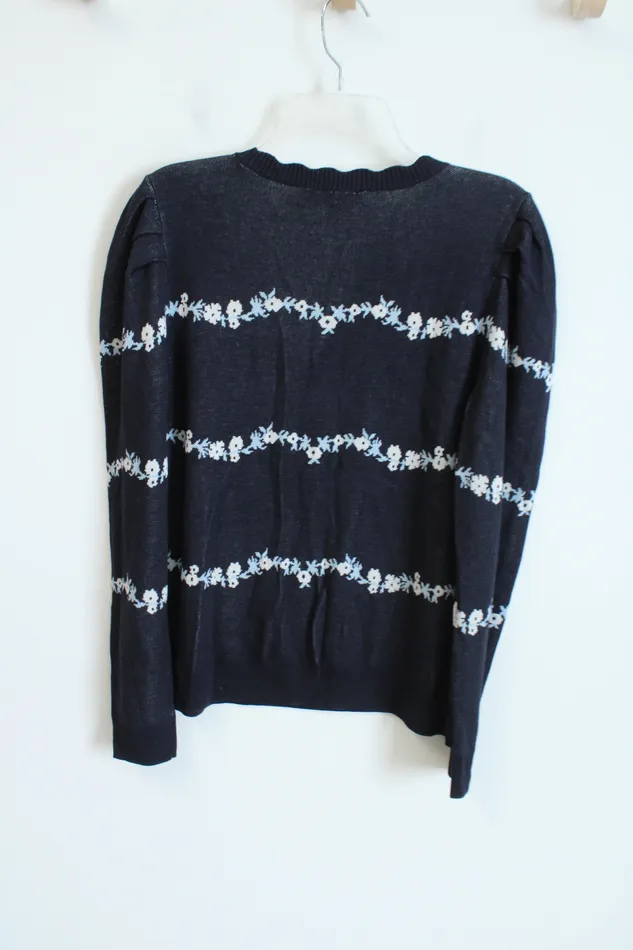 Rings Ann Taylor LOFT LOFT Navy Blue Floral Knit Sweater L