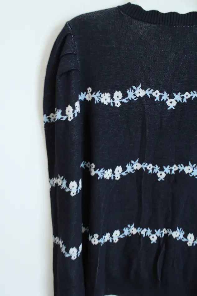 Rings Ann Taylor LOFT LOFT Navy Blue Floral Knit Sweater L