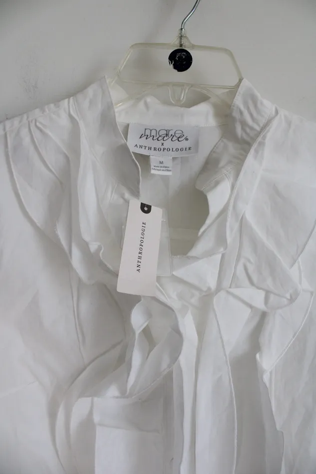 Rings Anthropologie NEW Mare Mare X Anthropologie White Ruffle Front Cotton Shirt M