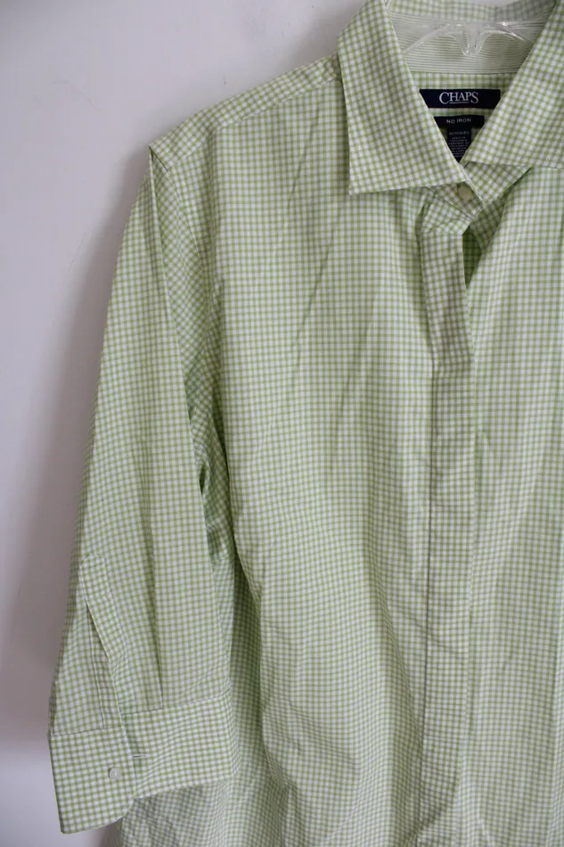 Rings Chaps Chaps Green White Gingham Button Down Top 1X