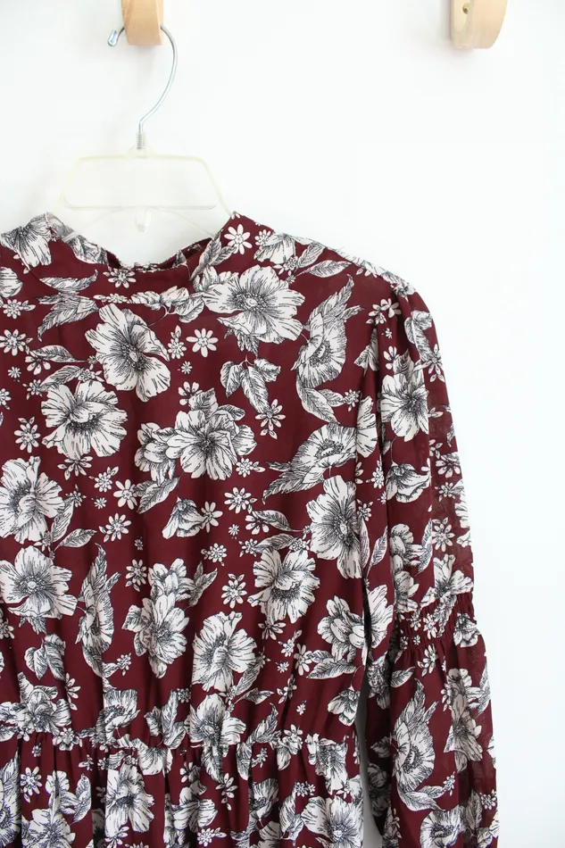 Rings Emma Michele Emma Michele Maroon Floral Long Sleeved Dress S