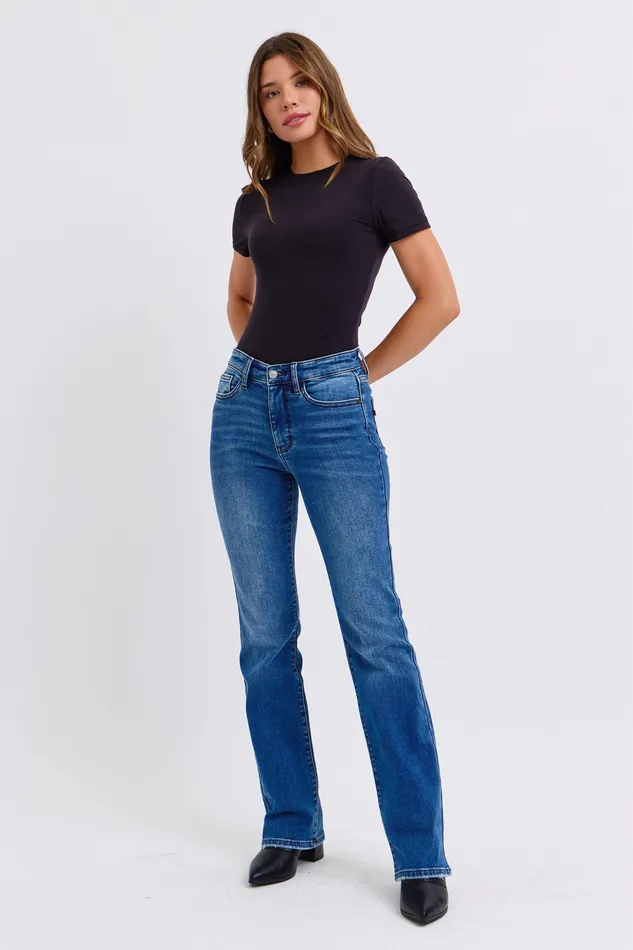 Rings JUDY BLUE JUDY BLUE MID RISE THERMAL BOOTCUT JEANS DARK STONE