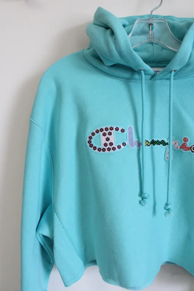Rings NEW Champion Blue Reverse Weave Embroidered Logo Crop Hoodie M Champion