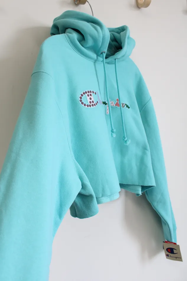 Rings NEW Champion Blue Reverse Weave Embroidered Logo Crop Hoodie M Champion