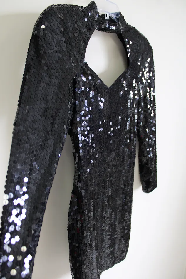 Rings NEW Vintage 1980s Cache Black Sequined Long Sleeved fitted Dress 10 Cache