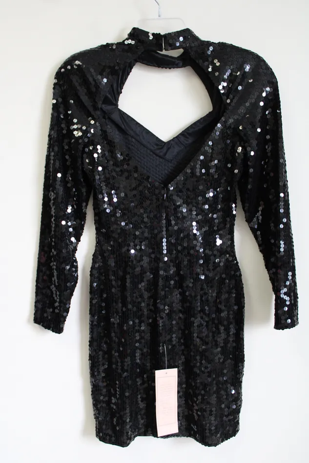 Rings NEW Vintage 1980s Cache Black Sequined Long Sleeved fitted Dress 10 Cache