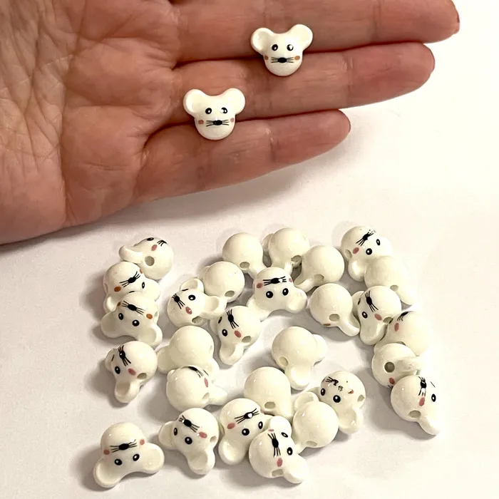 Rings Peppy Beads Hand Made Ceramic White Funny Mouse Charms 5 pcs in a pack