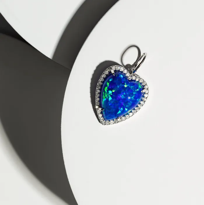 Rings RACHEL LYNN CHICAGO White Gold Diamond and Blue Fire Opal Chubby Heart Charm