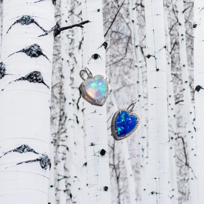 Rings RACHEL LYNN CHICAGO White Gold Diamond and Blue Fire Opal Chubby Heart Charm