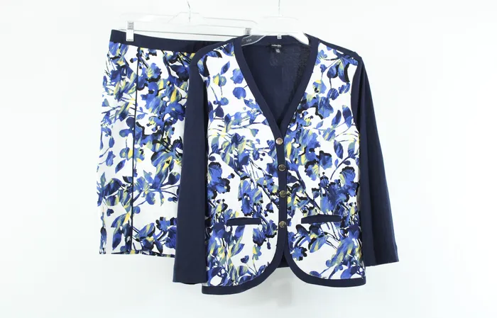 Rings Rafaella Rafaella Blue Floral 2 Piece Cardigan L Skirt 8 Petite Set
