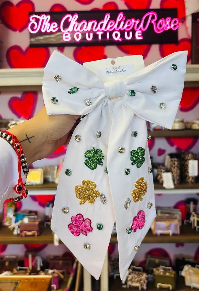 SAINT PATRICKS SHAMROCK BOW BARRETTE HAIR CLIP WHITE Something Special LA Rings SAINT PATRICKS SHAMROCK BOW BARRETTE HAIR CLIP WHITE Something Special LA Rings