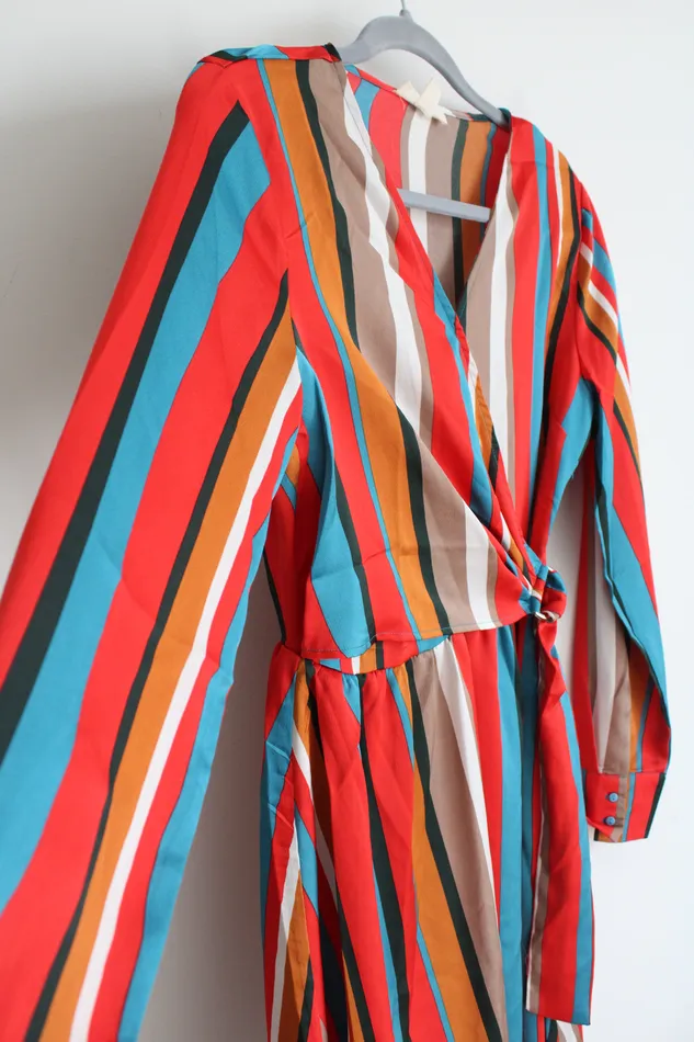 Sandy Sid New York Red Brown Black Striped Wrap Long Sleeved Summer Dress M Sandy Sid Rings