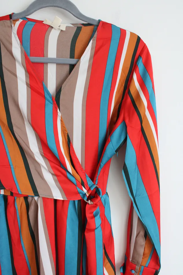 Sandy Sid New York Red Brown Black Striped Wrap Long Sleeved Summer Dress M Sandy Sid Rings