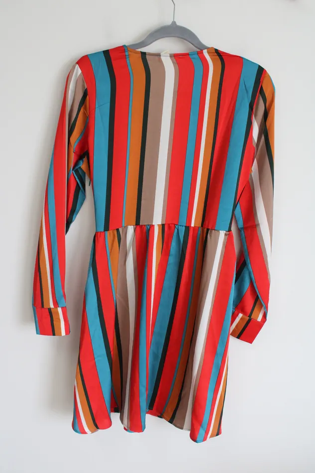 Sandy Sid New York Red Brown Black Striped Wrap Long Sleeved Summer Dress M Sandy Sid Rings