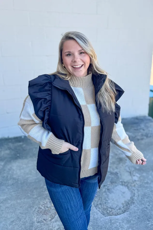 Sew In Love Rings Cold Weather Cutie Ruffle Sleeve Vest Black