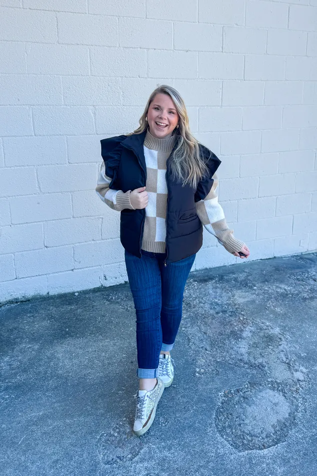 Sew In Love Rings Cold Weather Cutie Ruffle Sleeve Vest Black