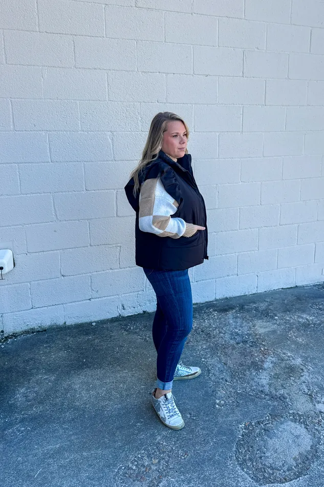 Sew In Love Rings Cold Weather Cutie Ruffle Sleeve Vest Black