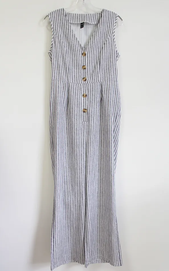 Shein Rings Shein Gray White Striped Jumpsuit S