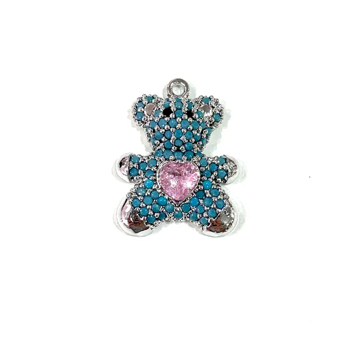 Silver Plated Micro Pave Swarovski Teddy Bear Charm Peppy Beads Charm Necklaces